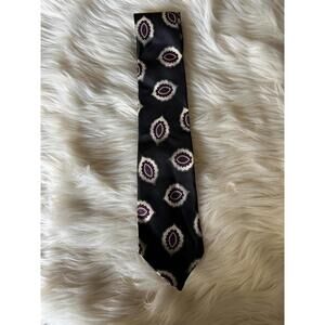 Men's Navy Patterned Silk Tie with Purple and Beige Accents